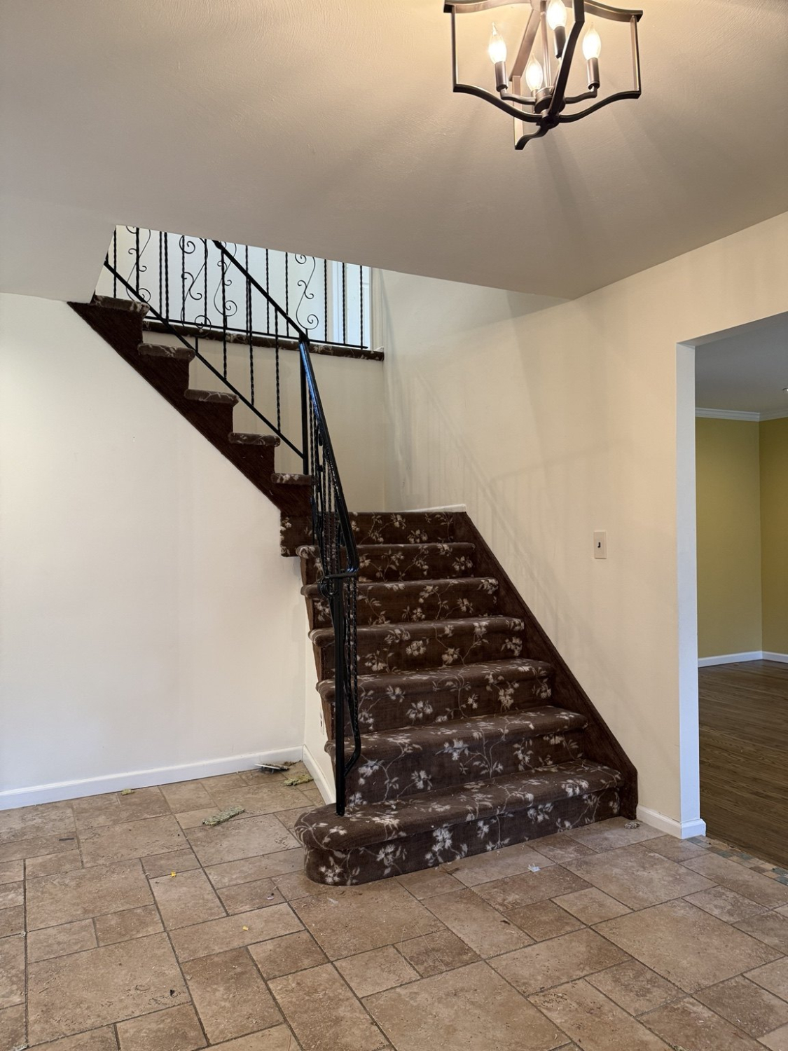 Before: dark carpet and black metal railings on the Dix Hills staircase