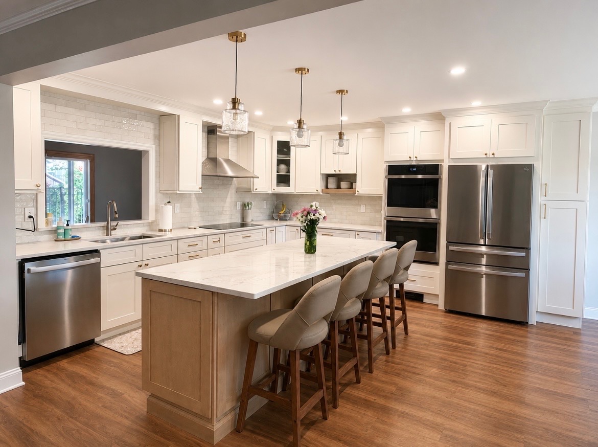 Completed Greenbuild kitchen with white cabinetry and a wood island