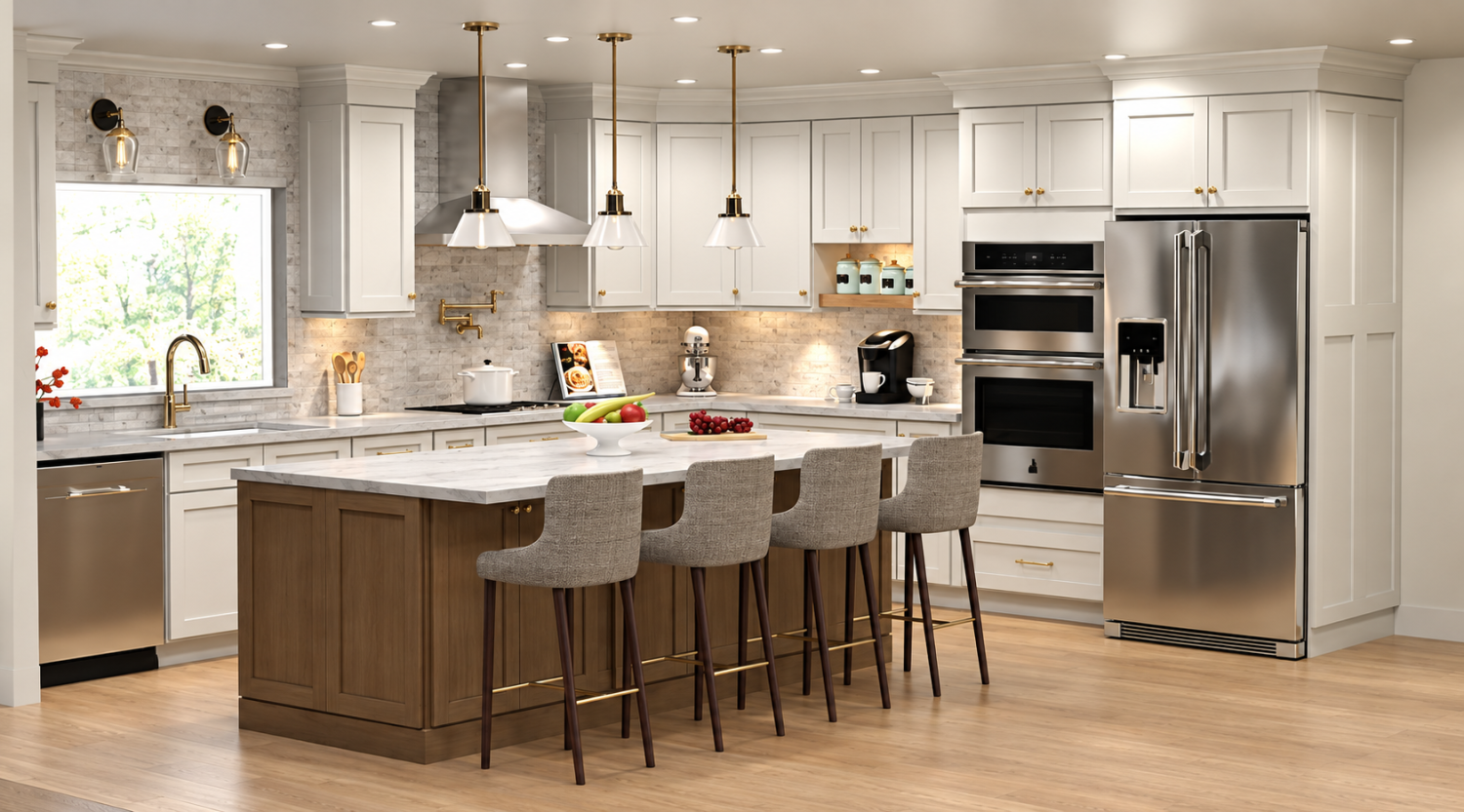 Greenbuild kitchen design rendering with white cabinetry and an island