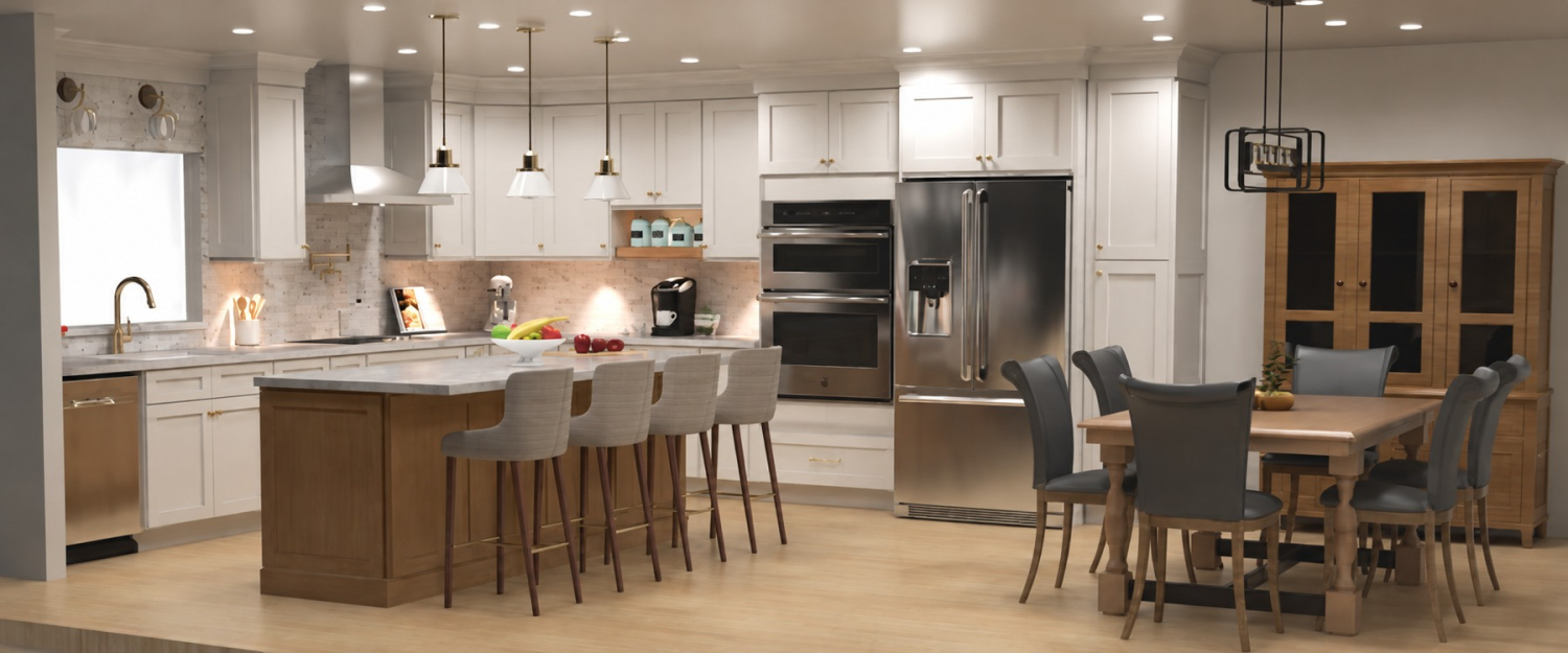 Design rendering — Kings Park kitchen and dining layout.