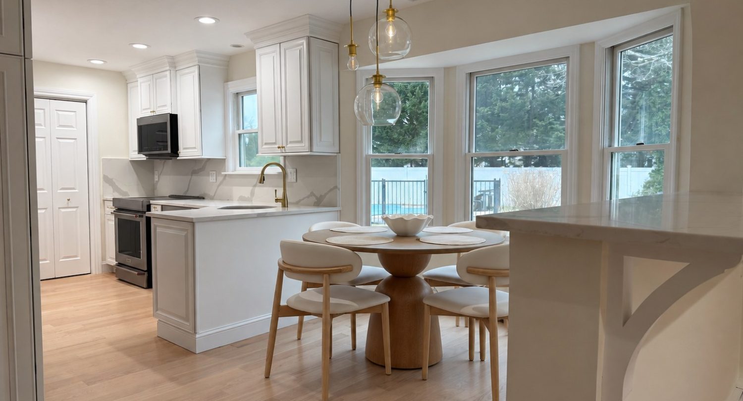 Dix Hills kitchen and breakfast area with white cabinets, veined countertops and a round wood dining table.