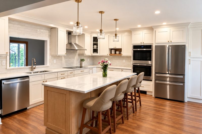 Kings Park kitchen with cream cabinetry, an oak island, veined countertops, brass accents and pendant lighting.