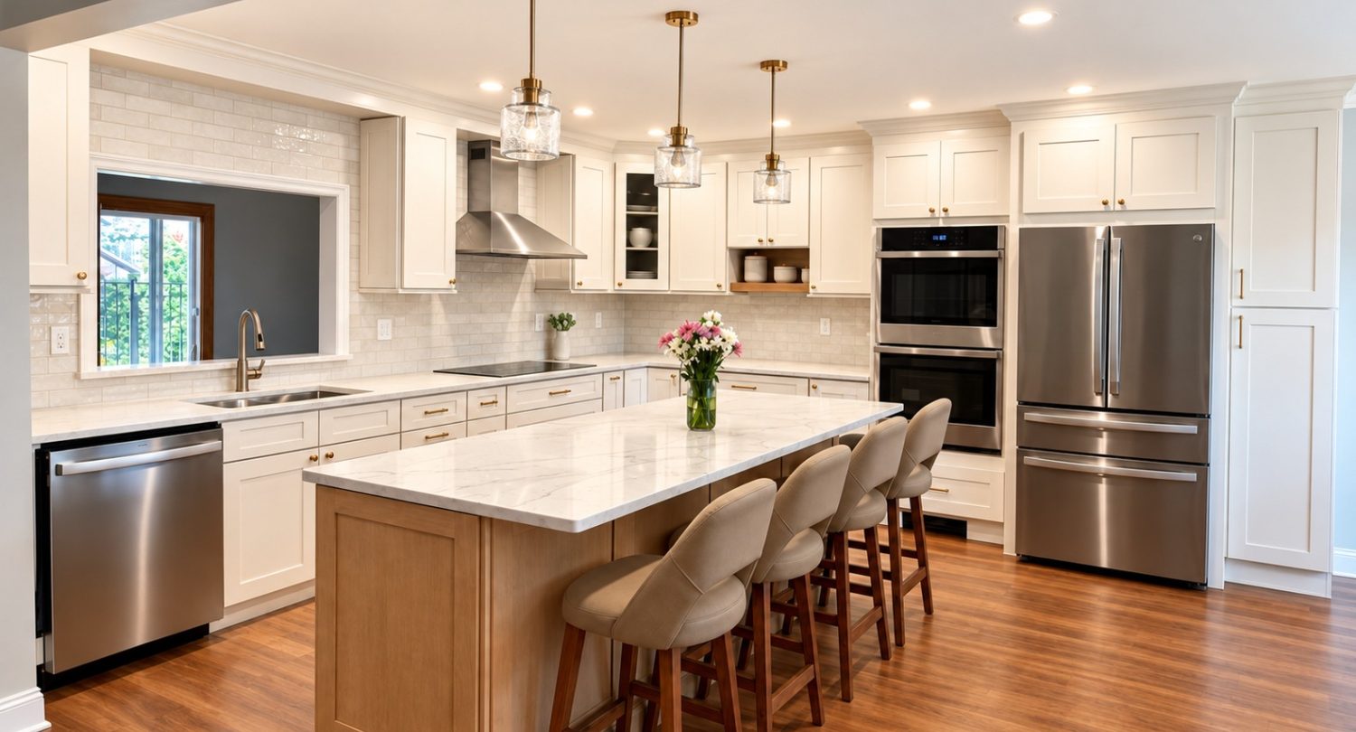 Kings Park kitchen with cream cabinetry, an oak island, veined countertops, brass accents and pendant lighting.