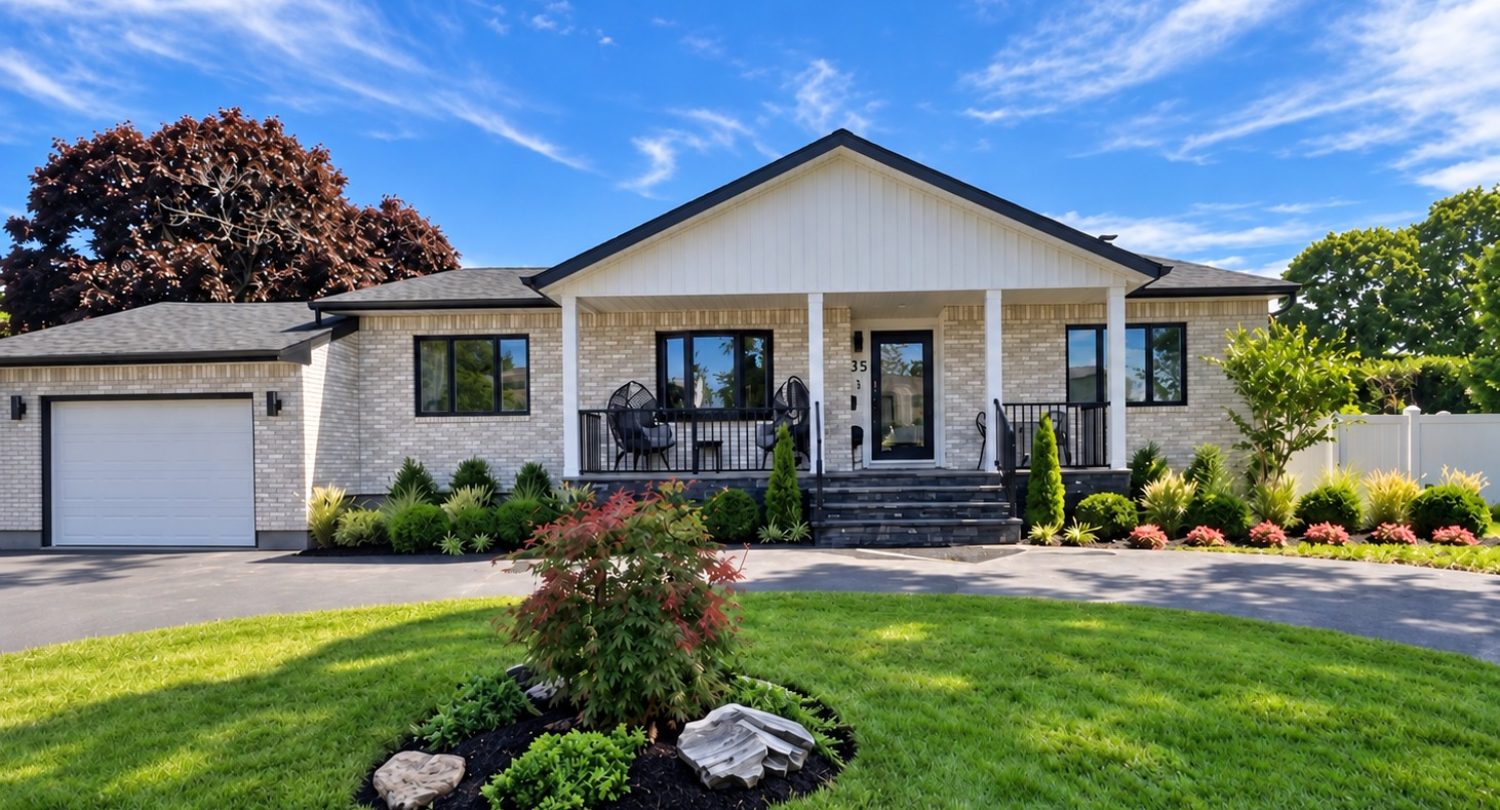 Lindenhurst home with stained brick, a new porch and portico, and front landscaping.
