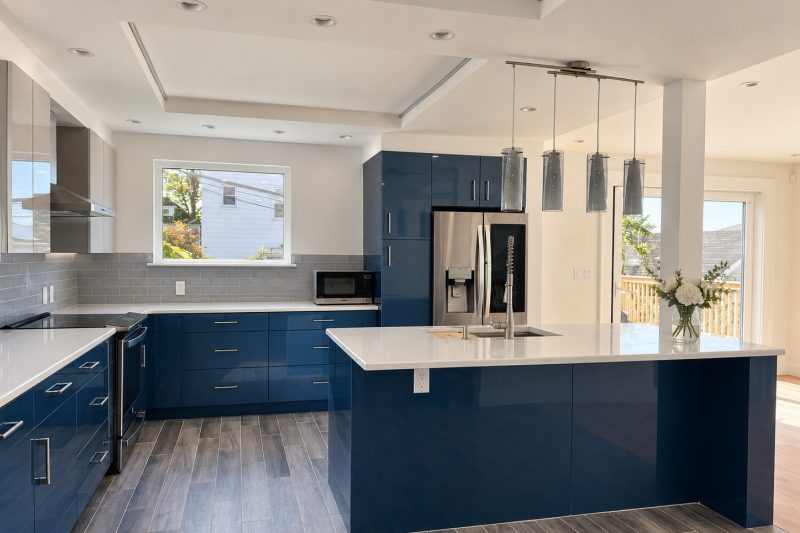 Renovated kitchen in Whitestone, Queens, with blue cabinetry, white countertops and pendant lights.