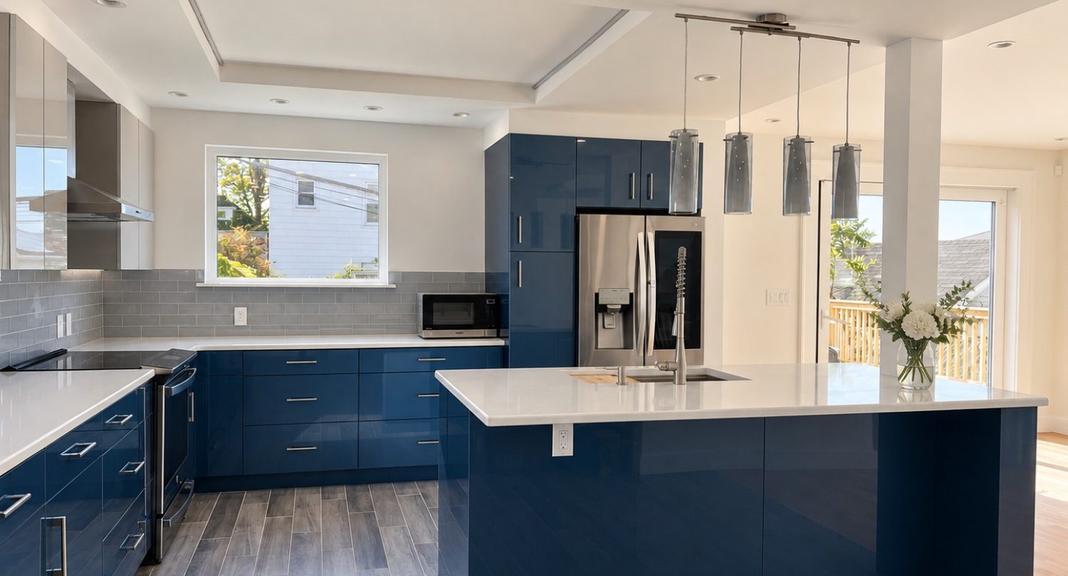 Renovated kitchen in Whitestone, Queens, with blue cabinetry, white countertops and pendant lights.